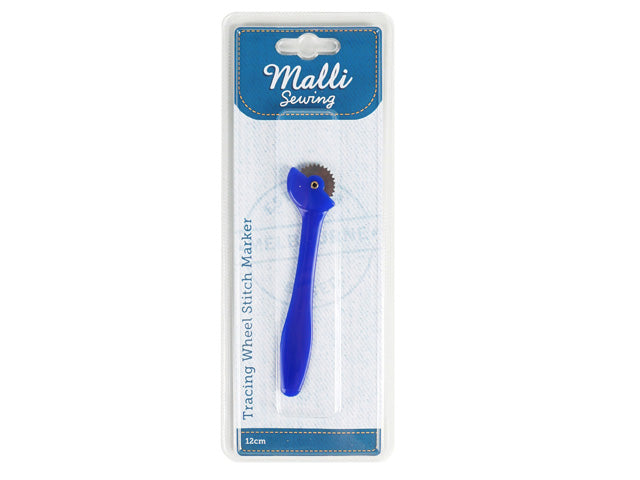 blue plastic handle; serrated metal wheel; 12cm length; packaged in clear blister with cardboard backing;
