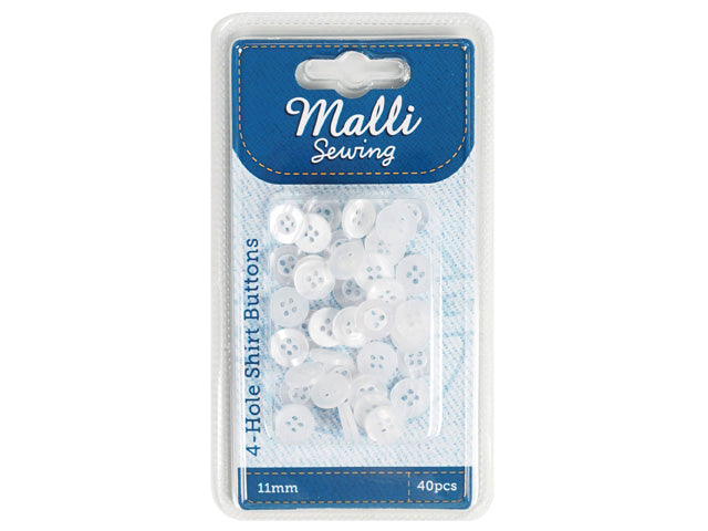 white round buttons; 4 holes in each button; plastic material; 11mm size shown on packaging; pack of 40 buttons in blister pack;