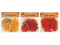 Pack contains 50 maple leaf-shaped pieces; Leaves in assorted autumn colours: red, orange, yellow and green; Packaging shows 'Craft Leaves' label on brown header card; Leaves display detailed vein patterns mimicking real maple leaves;