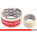 cream coloured masking tape; 48mm width; roll shape; 20m length visible on inner core label; smooth paper surface;