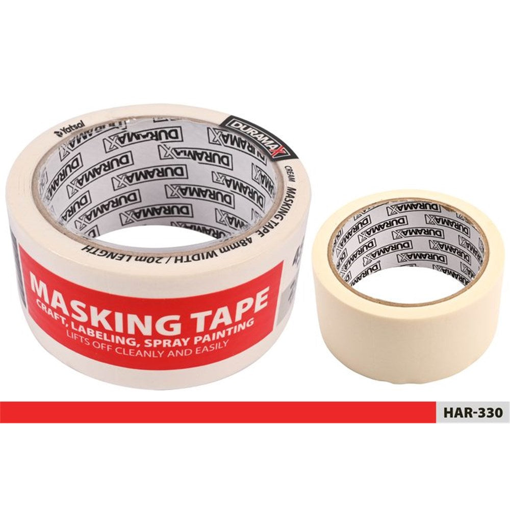 cream coloured masking tape; 48mm width; roll shape; 20m length visible on inner core label; smooth paper surface;