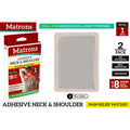 Red and white Matrons branded packaging; Patch size 10x13cm; 2 adhesive patches in pack; Black, white and yellow text on packaging; Image of person using patch on neck;