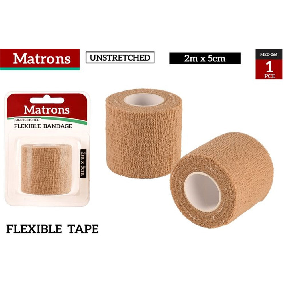 tan colour; rolled fabric bandage; plastic core; blister packaging with Matrons branding; packaged size 5cm x 2m;