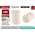 white unstretched woven bandage; 5 cm width; approximately 4.5 m length; rolled bandage shape; packaged in branded Matrons box;