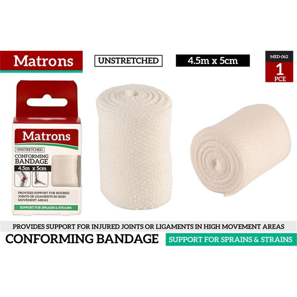 white unstretched woven bandage; 5 cm width; approximately 4.5 m length; rolled bandage shape; packaged in branded Matrons box;