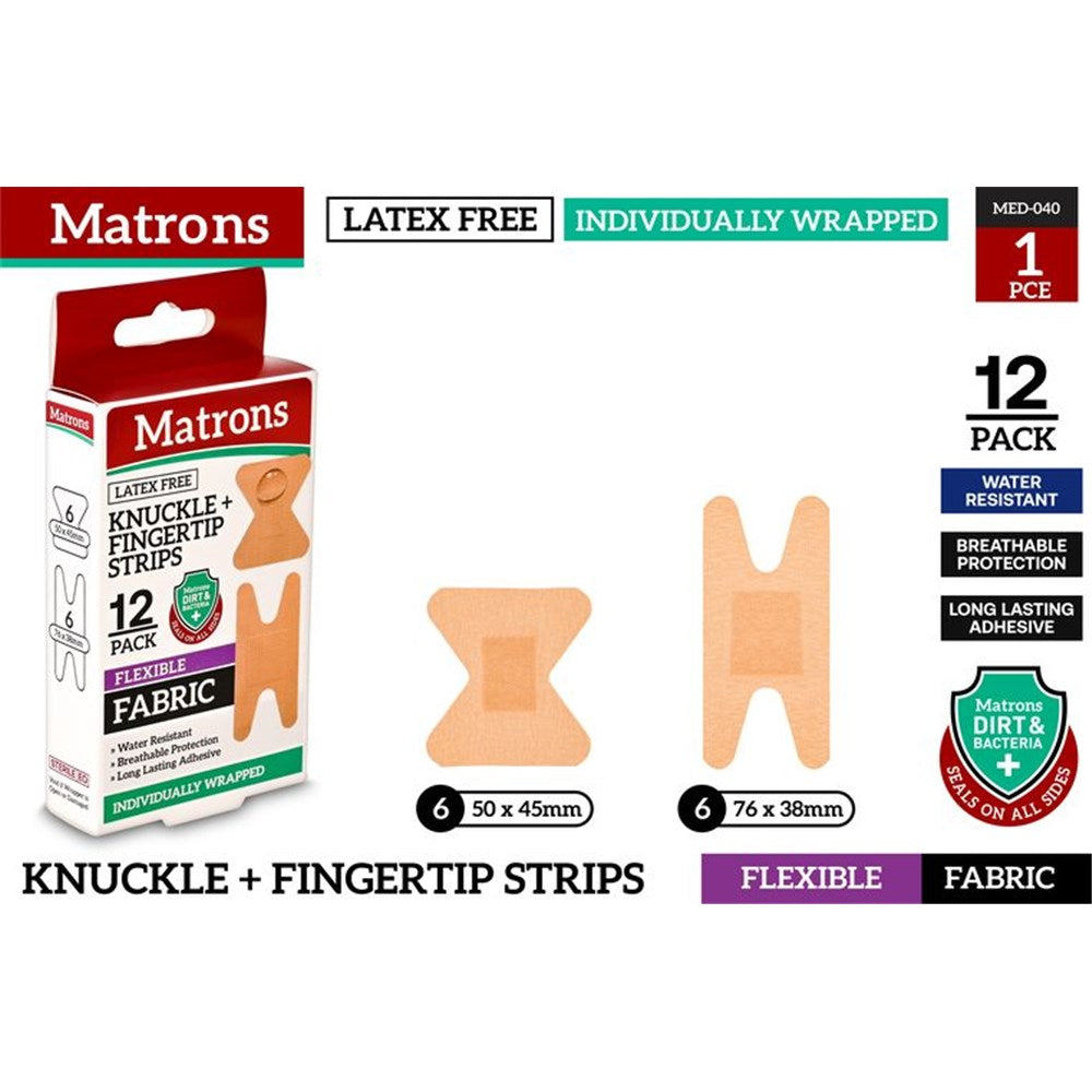 pack of 12 fabric strips; two strip shapes: knuckle and fingertip; skin tone colour; packaging shows latex free and individually wrapped; text indicates water resistant and breathable;