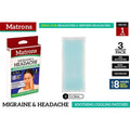 pack of 3 patches; patch size 5cm x 12cm; white and blue cooling patch; Matrons branding with red and green colours; image of person applying patch on forehead;