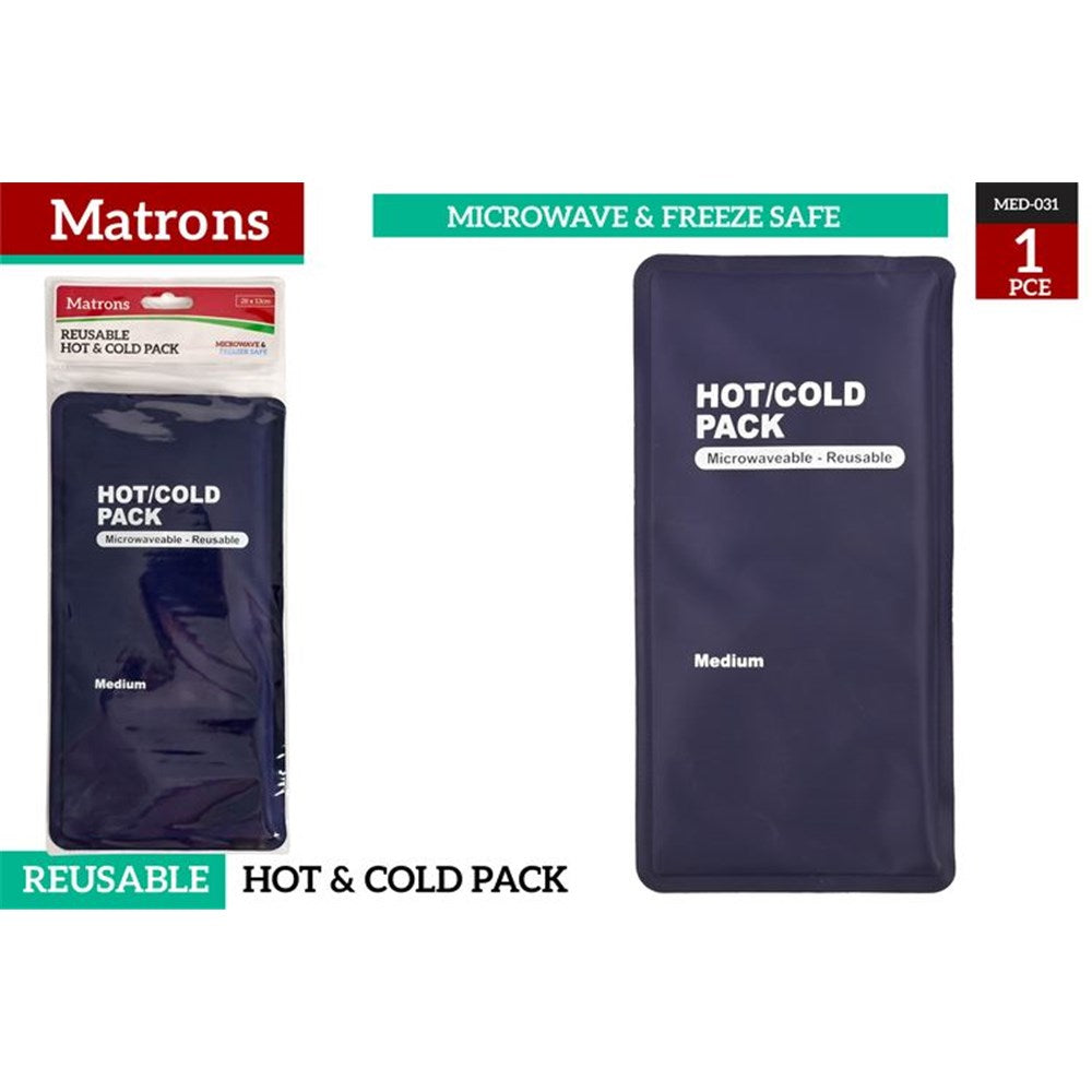 dark blue rectangular pack; printed text 'HOT/COLD PACK','Microwaveable - Reusable'; medium size label; packaging with brand name 'Matrons'; dimensions 27 x 13.5cm;