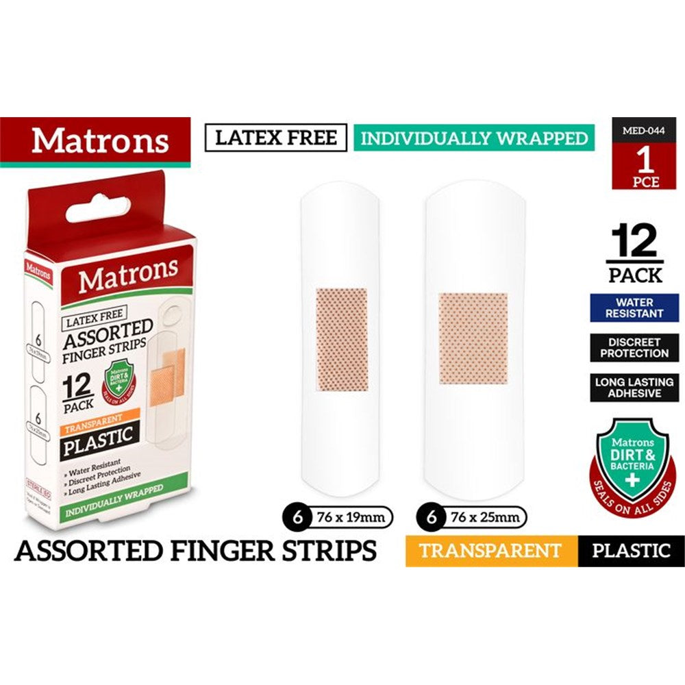 12 pack assorted clear plastic finger strips; Individually wrapped strips; Water resistant; Two sizes shown 76x19mm and 76x25mm; Latex free indicated on packaging;