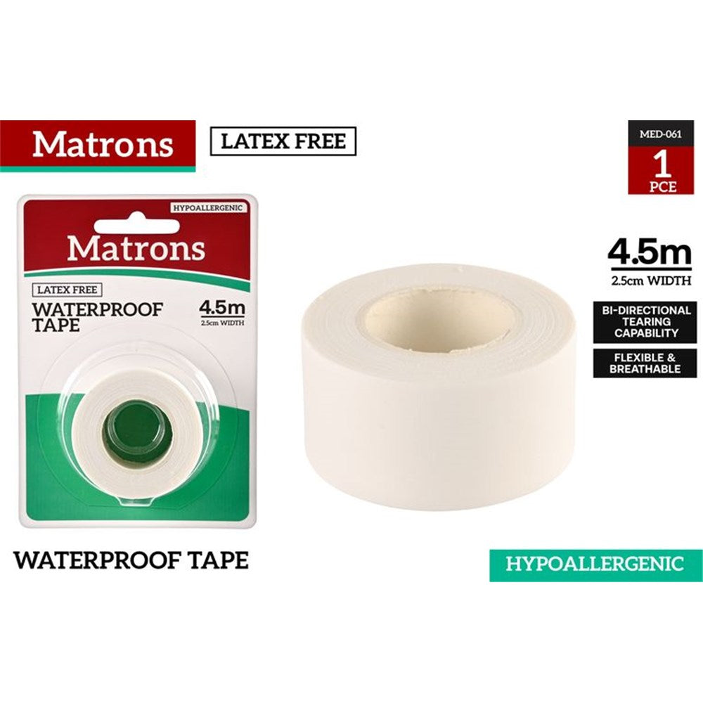 white tape roll; packaging with red and green label; 4.5m length and 2.5cm width indicated; latex free and hypoallergenic; bi-directional tearing noted;