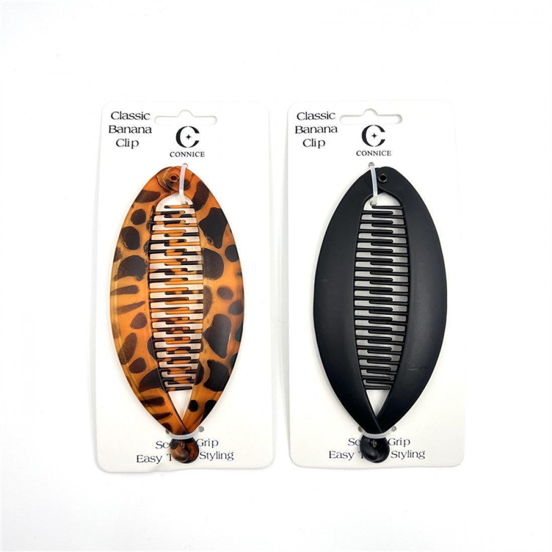 Long oval banana clip shape; One clip in matte black finish; One clip in matte tortoiseshell pattern; Fine interlocking plastic teeth; Packaged on white branded backing card;