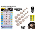 18 button batteries in assorted sizes; silver-coloured metallic batteries; packaged in transparent plastic; blue, black and yellow labelled backing card; child-resistant packaging label;