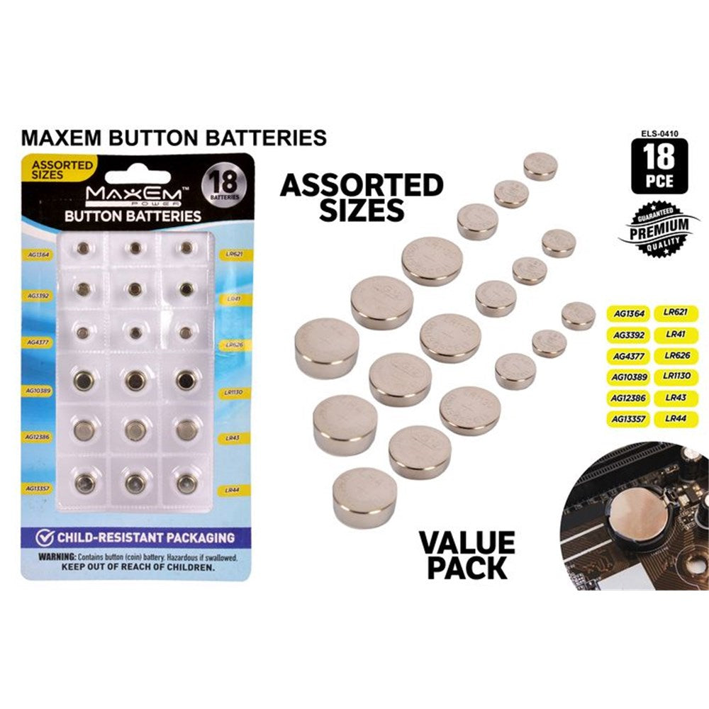 18 button batteries in assorted sizes; silver-coloured metallic batteries; packaged in transparent plastic; blue, black and yellow labelled backing card; child-resistant packaging label;
