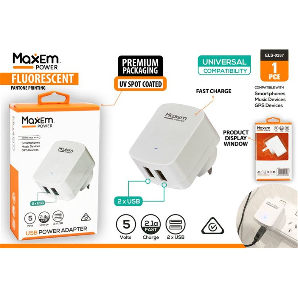 White rectangular charger with dual USB ports; Brand name Maxem Power on front; Compact plug design for wall outlet; Blue LED indicator light; Packaged in white and orange box with product window;