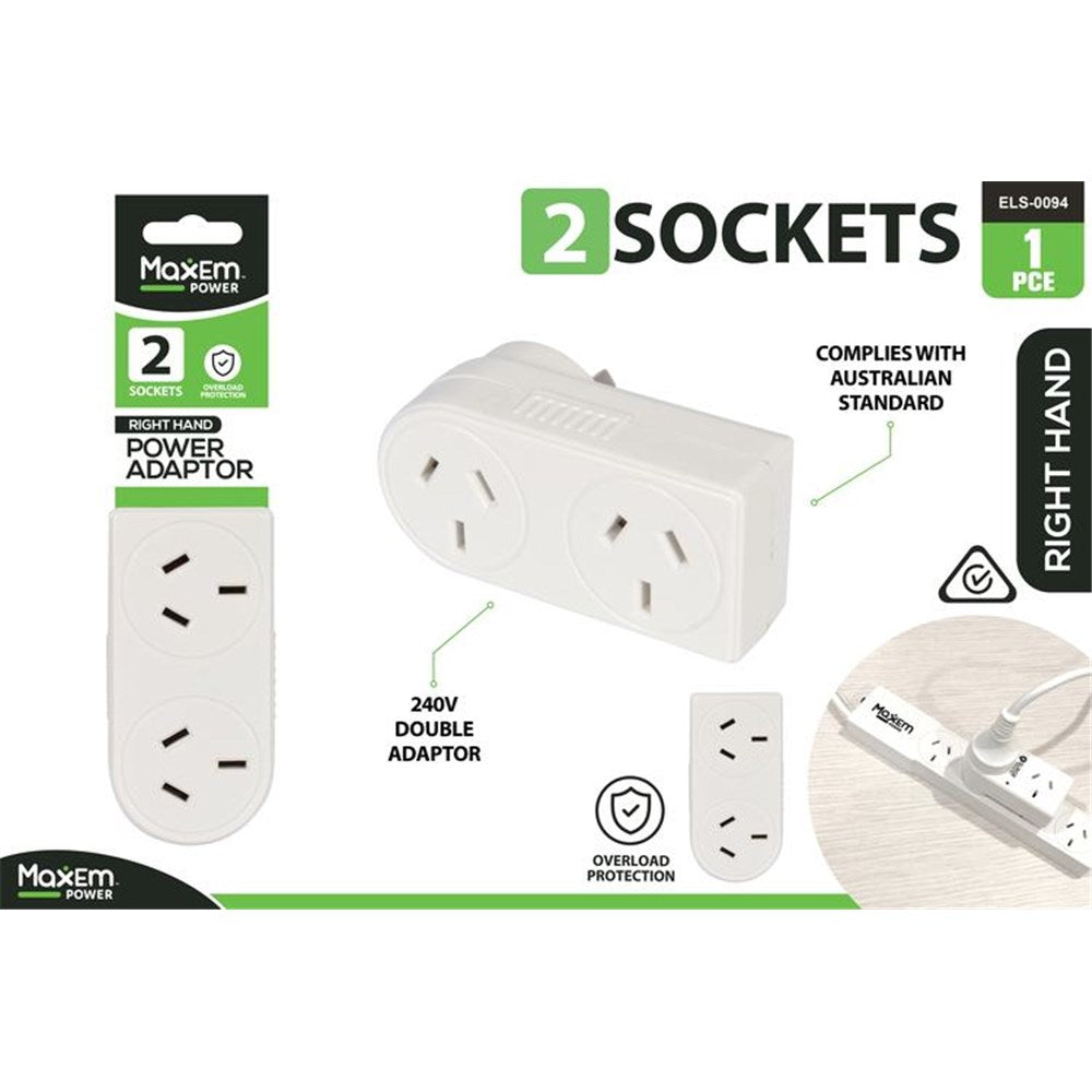 white colour; two standard Australian sockets; plastic material; compact rectangular shape; right-hand orientation;