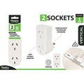 white plastic body; two Australian sockets vertically aligned; compact vertical rectangular shape; package branding with MaxEm Power; text mentions overload protection and Australian standard;