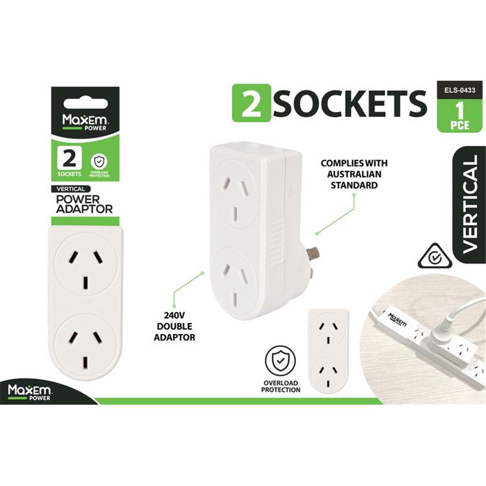 white plastic body; two Australian sockets vertically aligned; compact vertical rectangular shape; package branding with MaxEm Power; text mentions overload protection and Australian standard;
