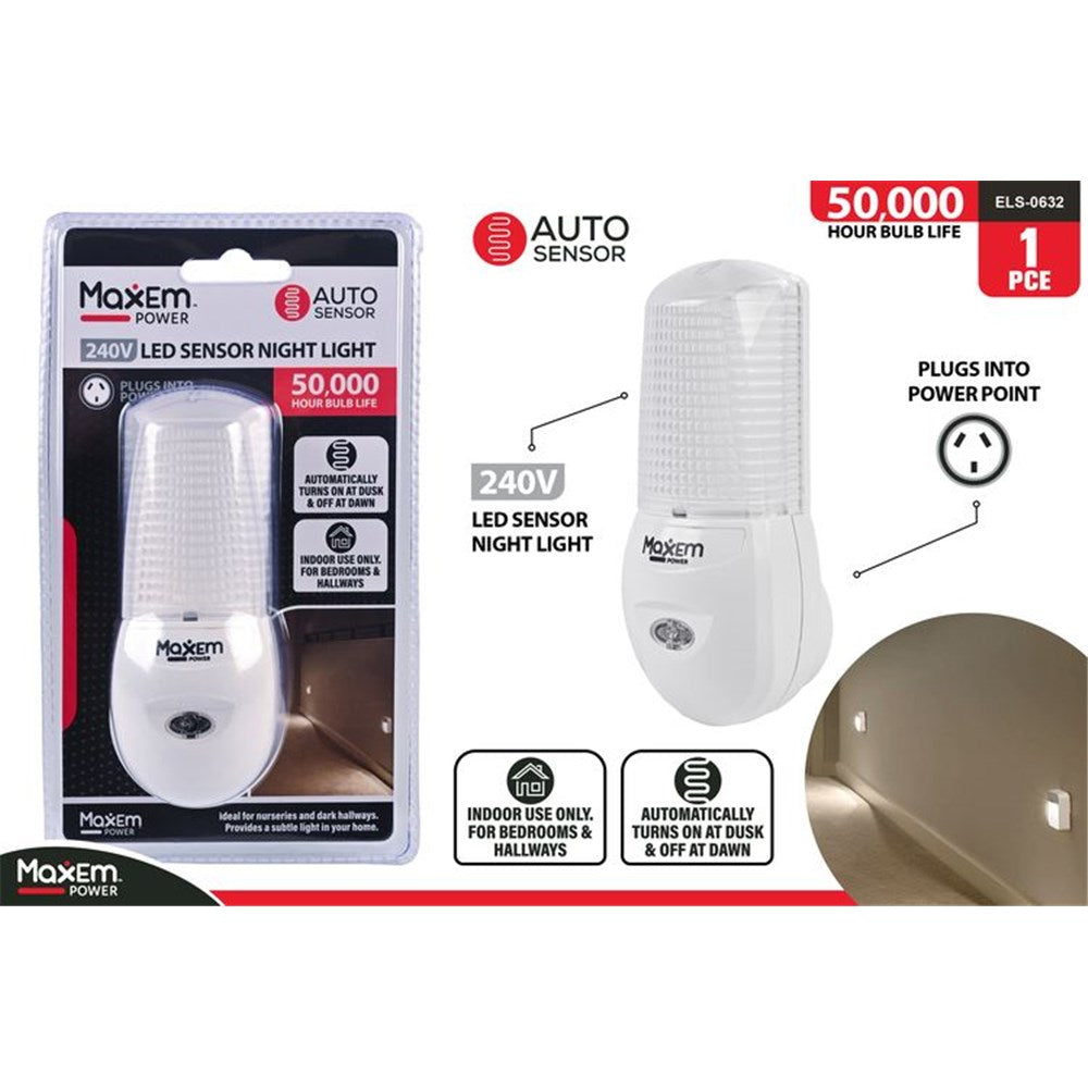 white LED night light with sensor; plugs into standard Australian power outlet; textured light diffuser cover; packaged in plastic blister pack;