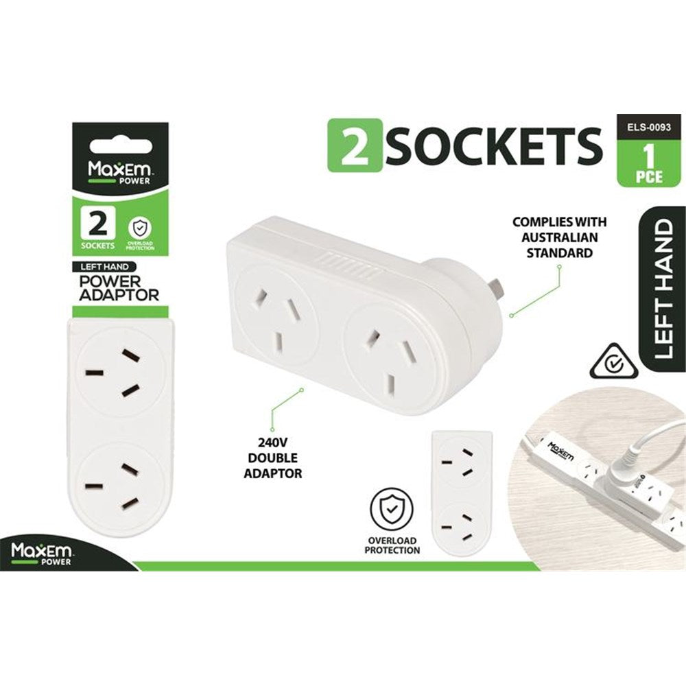 white plastic body; two Australian socket outlets; left hand plug orientation; rectangular shape with rounded edges; packaging shows MaxEm Power branding;