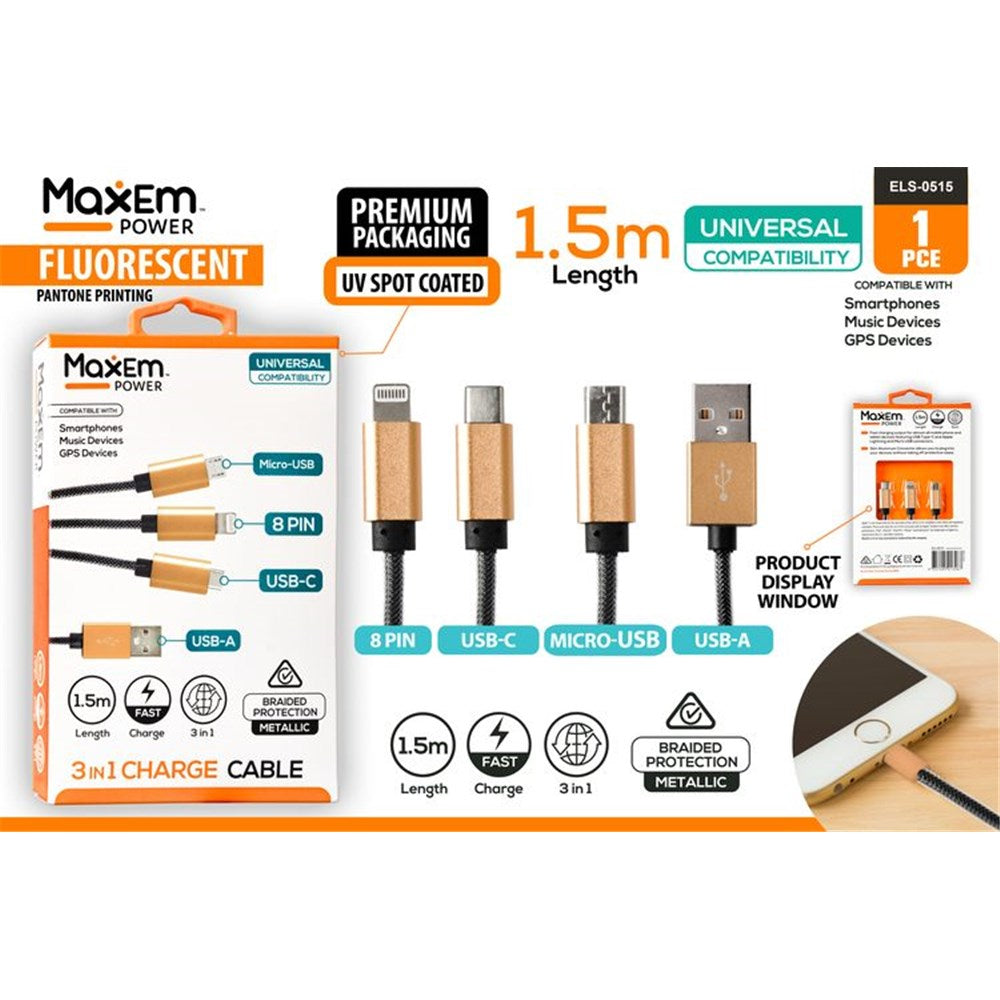 black braided cable; metallic gold connectors; 3 connector types: 8 Pin, USB-C, Micro-USB; 1.5 metre length; USB-A plug;