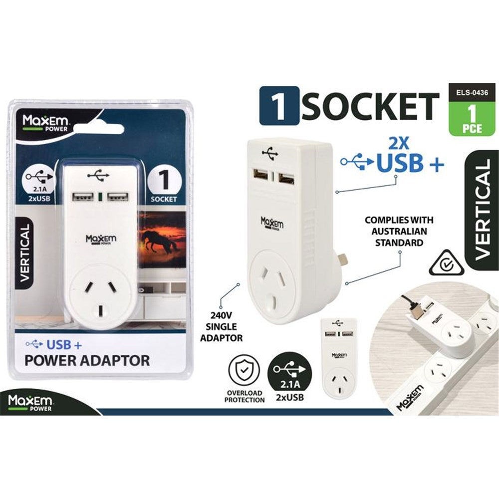 white vertical adapter; one Australian power socket; two USB ports on top; compact plastic casing; packaged in clear plastic blister;