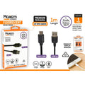 black USB cable with USB-A and Micro USB connectors; 1 metre length indicated on packaging; packaging shows compatibility with Kindle and Galaxy S6/7; packaging has orange and white colour scheme; premium packaging with UV spot coating;