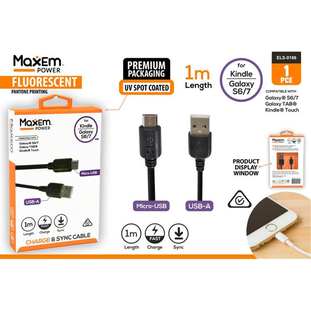 black USB cable with USB-A and Micro USB connectors; 1 metre length indicated on packaging; packaging shows compatibility with Kindle and Galaxy S6/7; packaging has orange and white colour scheme; premium packaging with UV spot coating;