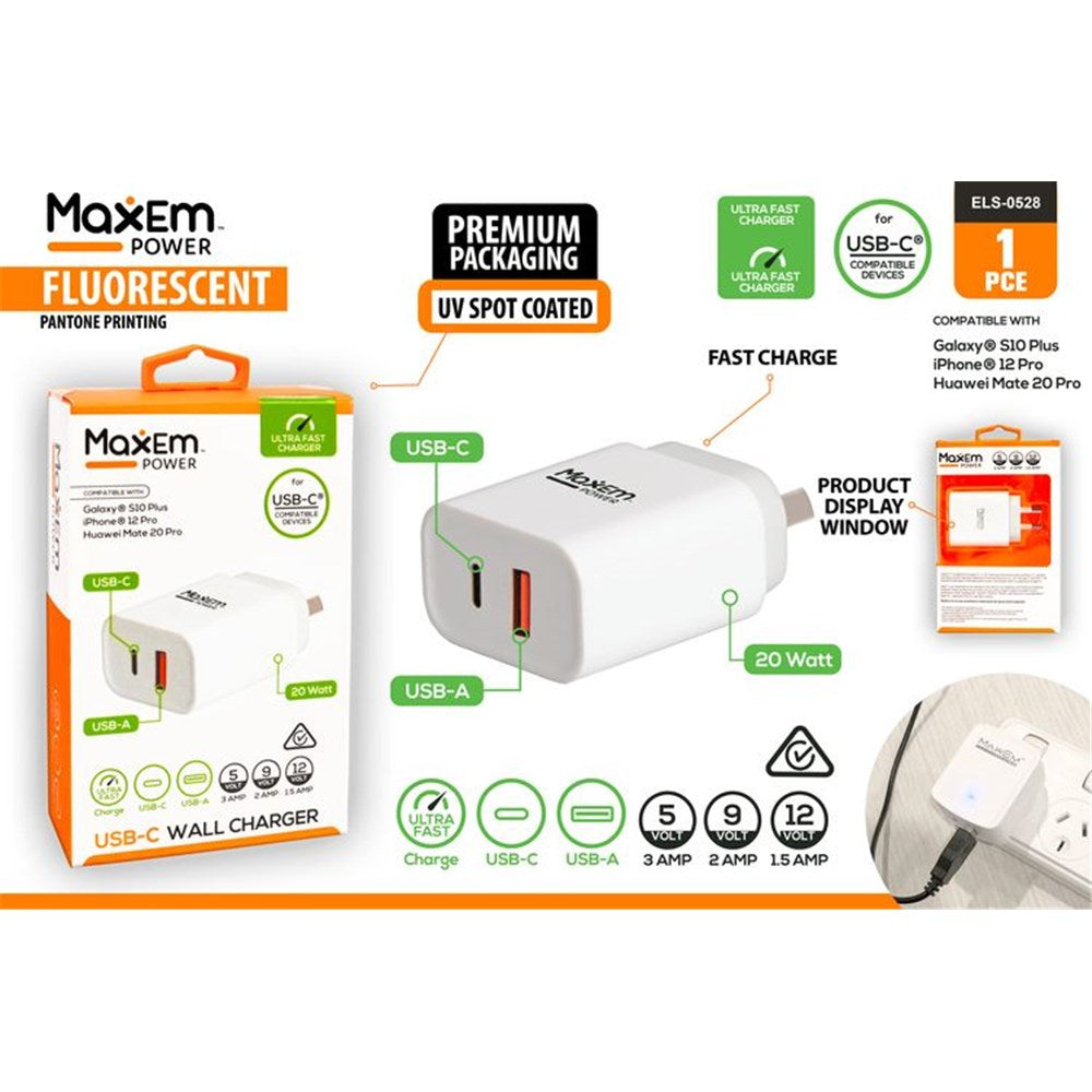 white rectangular charger; USB-C and USB-A ports; fluorescent orange and white packaging; compact size; 20 watt power output label;