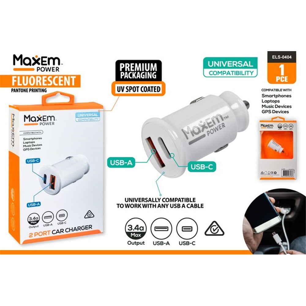 white colour; cylindrical shape; two ports: USB-C and USB-A; Maxem Power branding; packaging with fluorescent orange and white design;