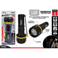 black rubber body with yellow accent ring; compact cylindrical shape; wrist strap attached; three LED bulbs visible in torch head; packaged in clear plastic blister;