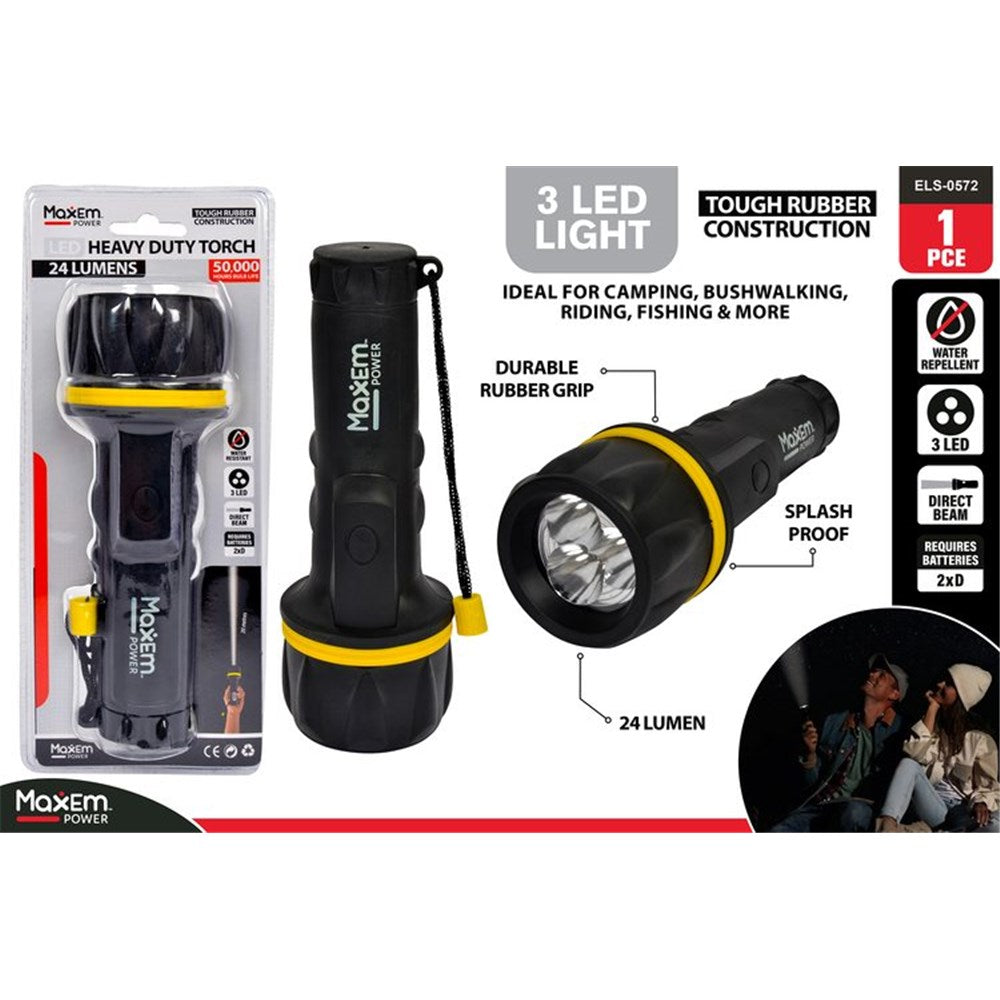 black rubber body with yellow accent ring; compact cylindrical shape; wrist strap attached; three LED bulbs visible in torch head; packaged in clear plastic blister;