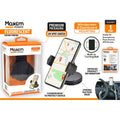 black plastic cradle with adjustable side grips; round suction base for mounting; packaged in clear plastic box with orange and white branding; cradle includes cushion base; built-in turning ball for angle adjustment;