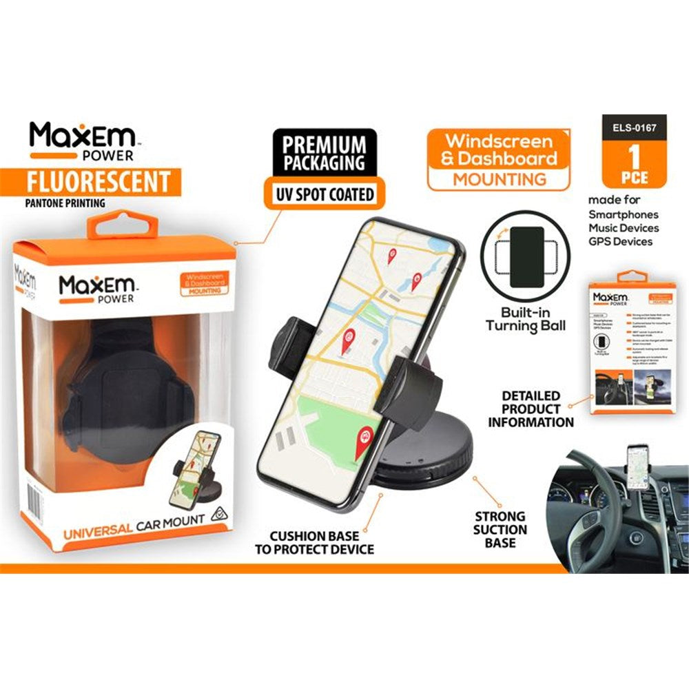 black plastic cradle with adjustable side grips; round suction base for mounting; packaged in clear plastic box with orange and white branding; cradle includes cushion base; built-in turning ball for angle adjustment;