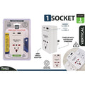 white rectangular adaptor; two USB ports (USB-A and USB-C); Australian plug pins; packaged in clear plastic blister; vertical design shape;