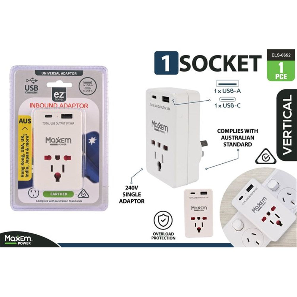 white rectangular adaptor; two USB ports (USB-A and USB-C); Australian plug pins; packaged in clear plastic blister; vertical design shape;