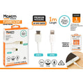 White USB-C connector; White Lightning 8-pin connector; 1 metre length cable; Package shows Maxem Power branding; Orange and white packaging with product display window;