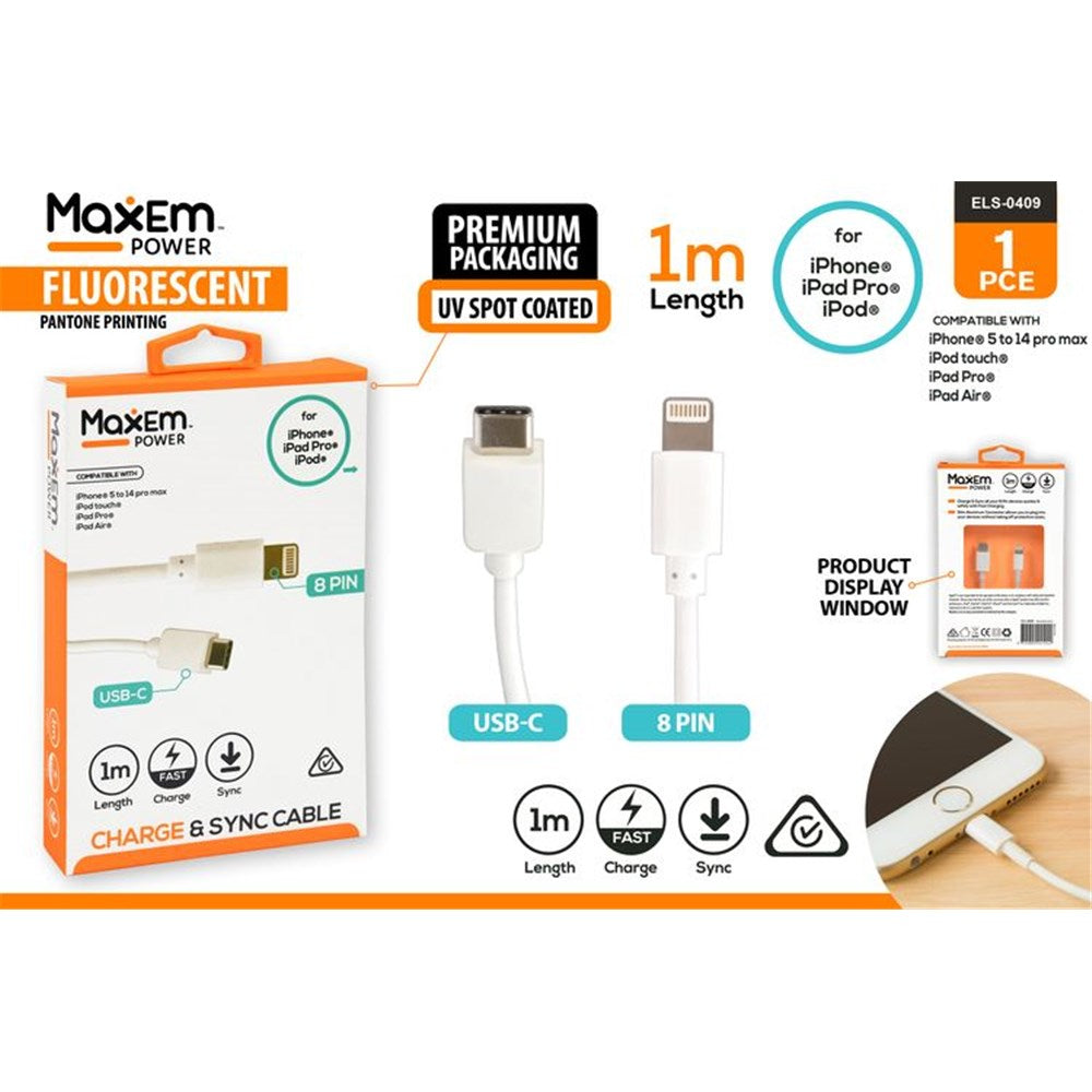White USB-C connector; White Lightning 8-pin connector; 1 metre length cable; Package shows Maxem Power branding; Orange and white packaging with product display window;