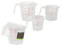 clear plastic material; three jugs in small, medium, large sizes; red measurement markings; handles and spouts for easy pouring; packaged in clear plastic wrap with label;
