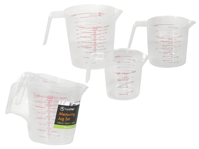 clear plastic material; three jugs in small, medium, large sizes; red measurement markings; handles and spouts for easy pouring; packaged in clear plastic wrap with label;
