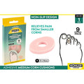 pink ring-shaped adhesive cushions; pack of 9 cushions; dimensions marked as 25x18mm; packaging with yellow and green colours; illustration showing application on toe;