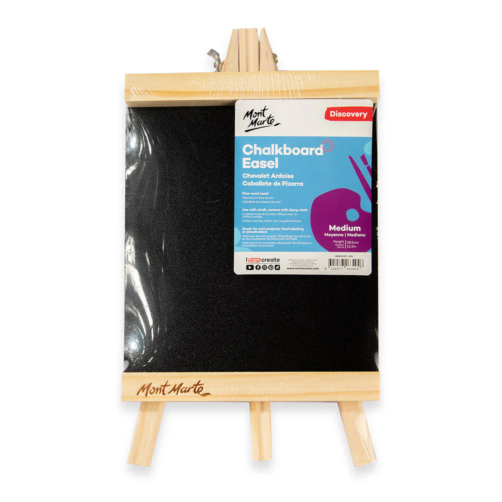 black chalkboard surface; pine wood frame; medium size; packaged with labelled cardboard sleeve;