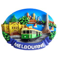 Oval shape; 3D raised design; Green tram illustration; City skyline with buildings and trees; Bright, colourful paint;
