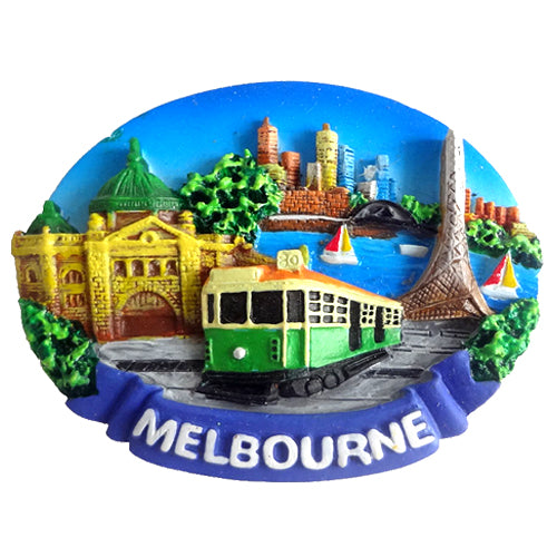 Oval shape; 3D raised design; Green tram illustration; City skyline with buildings and trees; Bright, colourful paint;