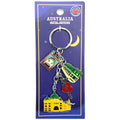 Set of four metal keyrings on a purple card; Keyrings depict Melbourne landmarks including Flinders Street Station; Includes a green tram and a red heart with 'Melbourne' text; Keyrings are colourful with enamel detailing; Packaged on a card labelled 'Australia Metal Keyring';