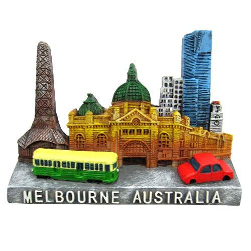 3D miniature Melbourne landmarks; multicolour resin material; includes a tram and car model; base labelled 'MELBOURNE AUSTRALIA';