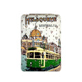 rectangular shape; printed Melbourne tram and buildings; white background with small heart patterns; green and yellow tram illustration;