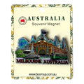 PVC material with glossy finish; Multicolour depiction of Melbourne landmarks; Includes text 'MELBOURNE AUSTRALIA'; Mounted on branded backing card with floral border;