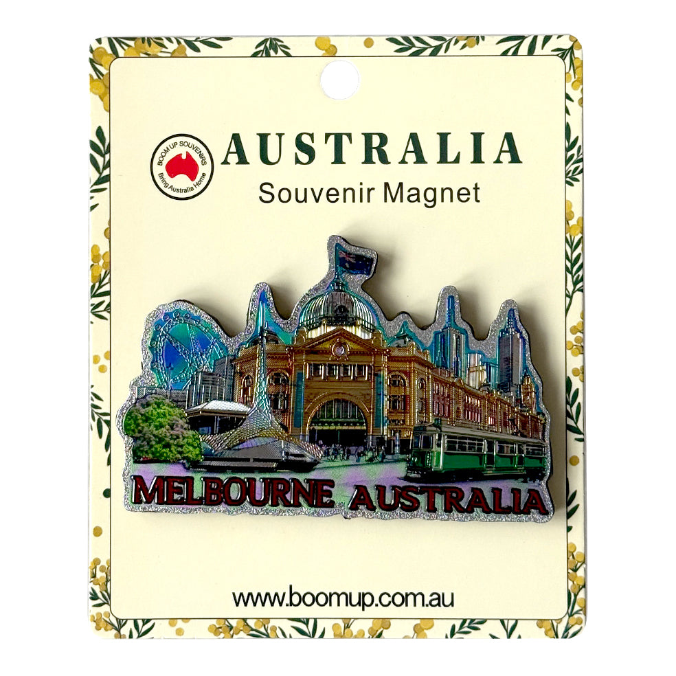 PVC material with glossy finish; Multicolour depiction of Melbourne landmarks; Includes text 'MELBOURNE AUSTRALIA'; Mounted on branded backing card with floral border;