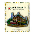 PVC material; Coloured illustration of Melbourne landmarks; Text 'Melbourne Australia' on magnet; Mounted on floral design backing card;