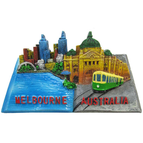 resin material; cityscape with buildings and water; green and yellow tram; red text 'MELBOURNE AUSTRALIA'; multicolour paint;